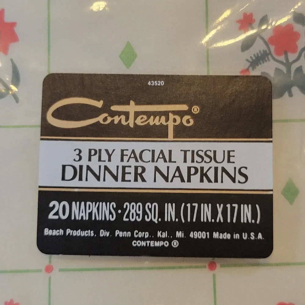 VTG Contempo Floral Paper Napkins Set 40ct Cream‎ Red Green 3-Ply USA Made NEW
